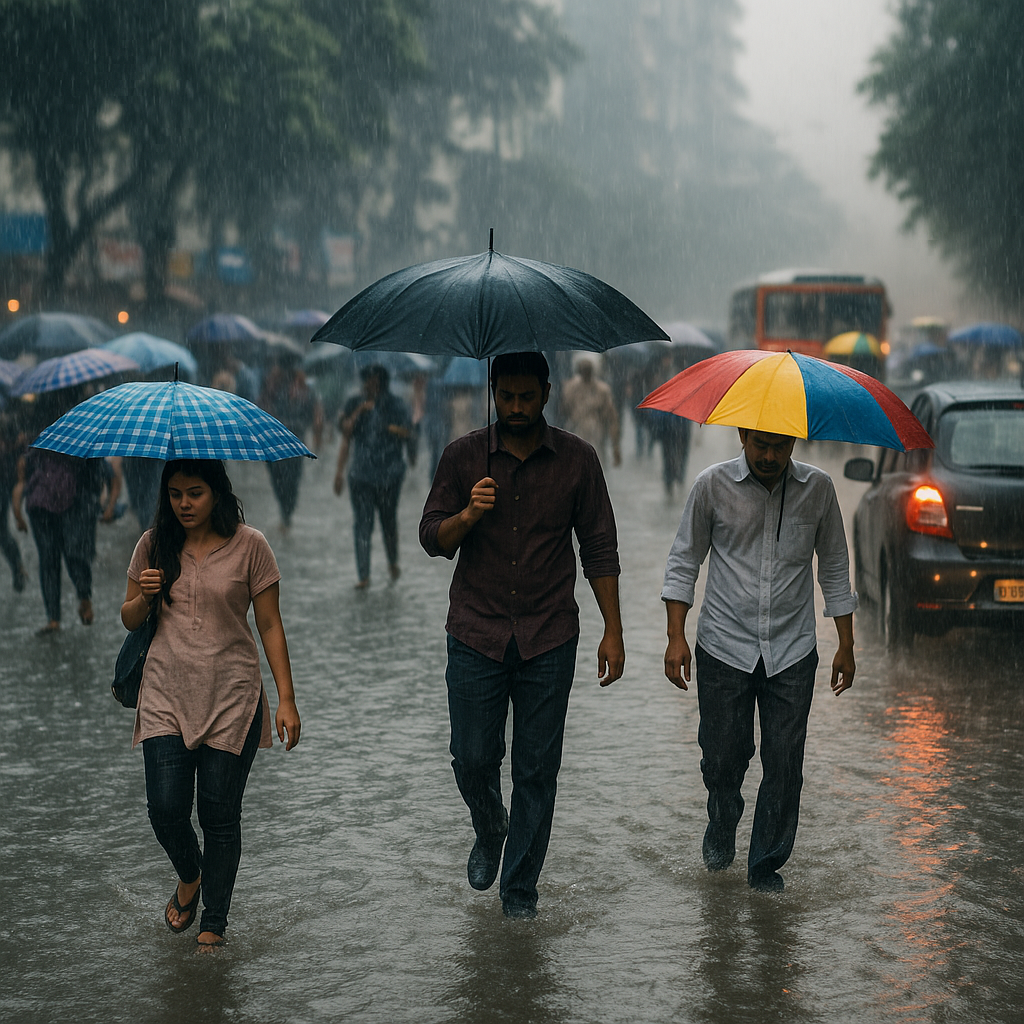 People walking with umbrellas during heavy monsoon rains in Mumbai 2025 with waterlogged streets and traffic